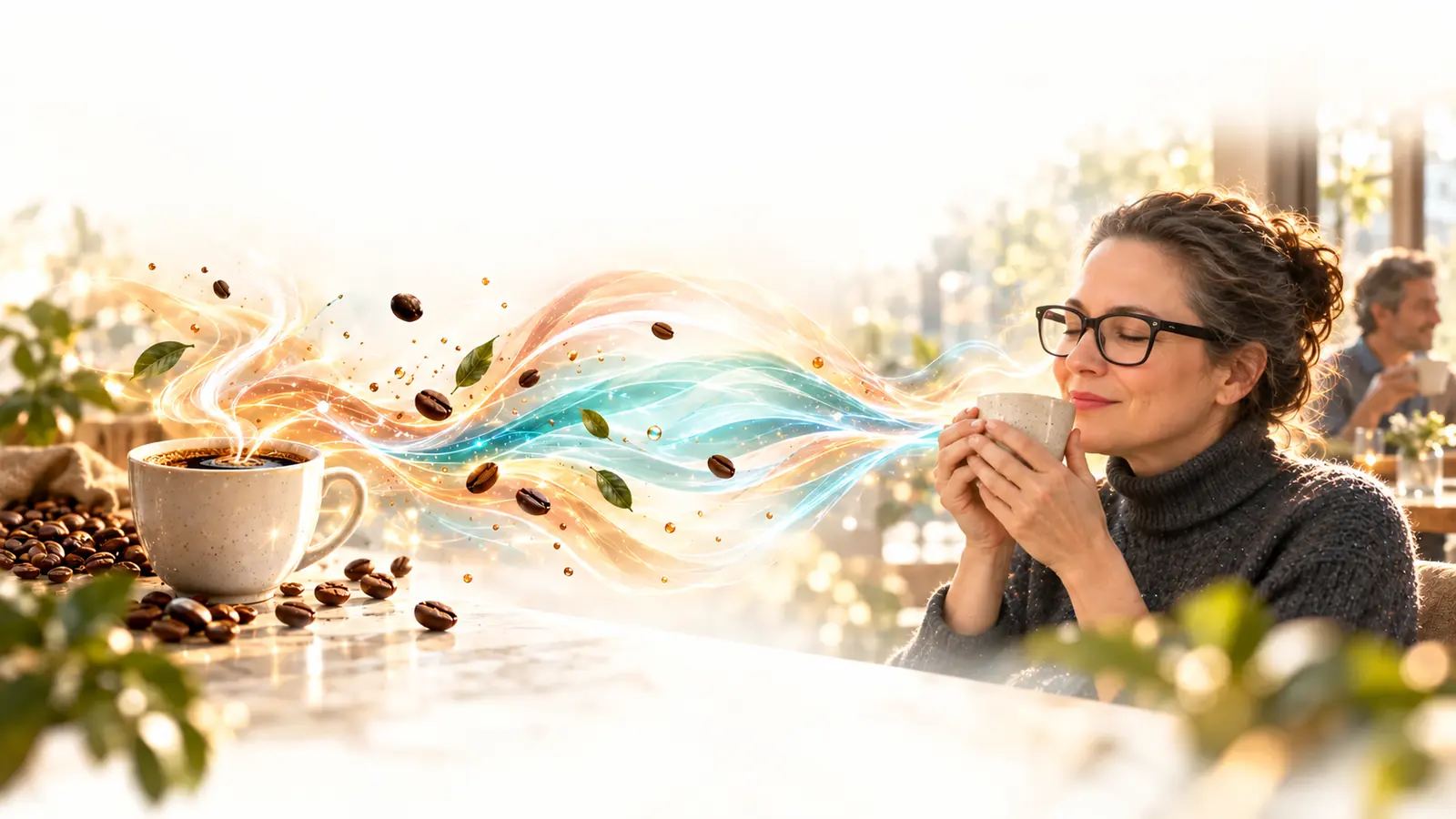 Illustration of coffee signals connecting a product with a person and their setting.