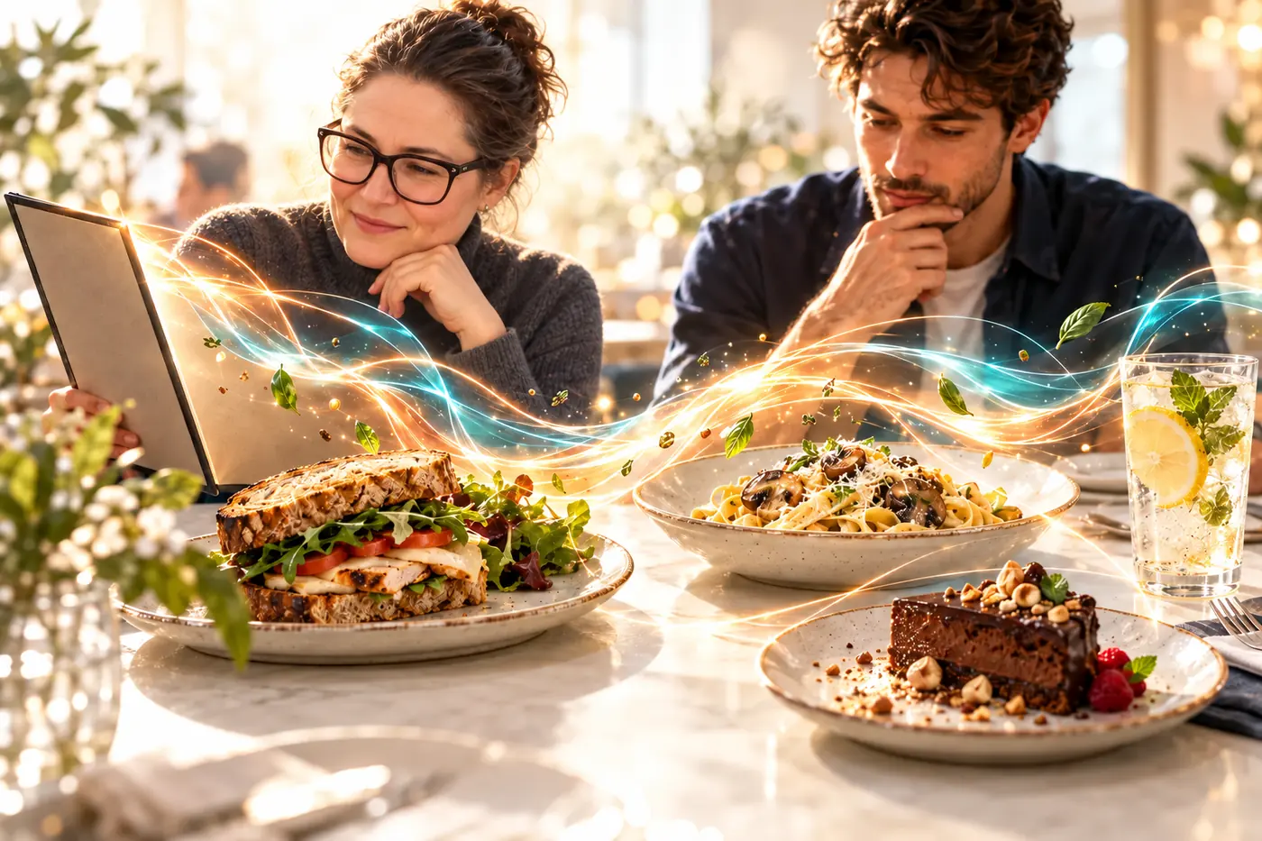 Illustrative menu and food scene, paired with the actual calorie-estimation task and descriptive findings below.