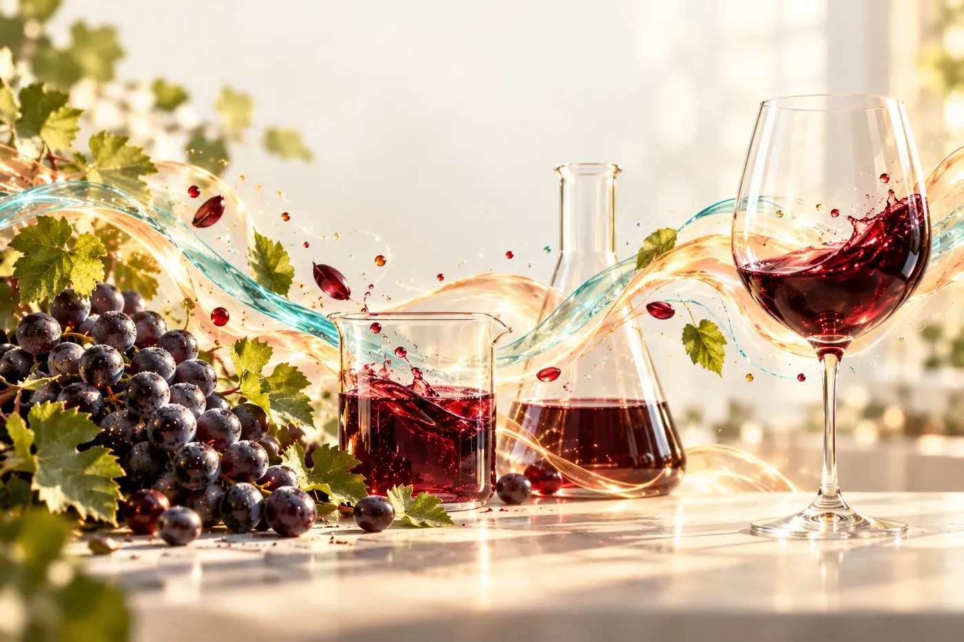 Illustration connecting grapes, enzyme treatment, and finished wine, paired with the actual treatment and measured outcomes below.